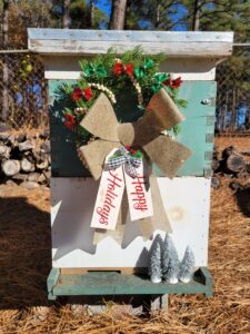 A hive decorated for the holidays.